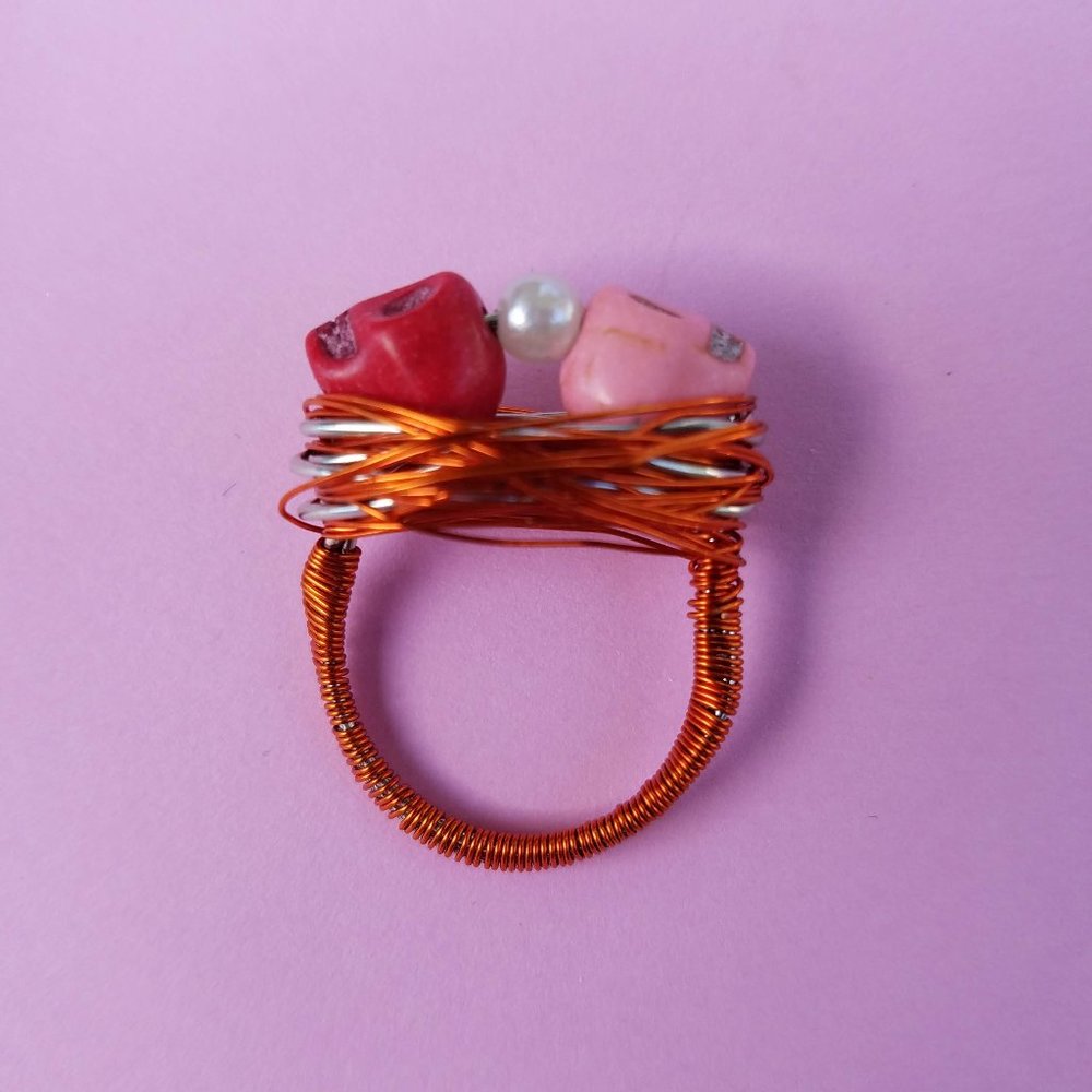 Wire Wrapped Skull Bead Orange Ring Size 6